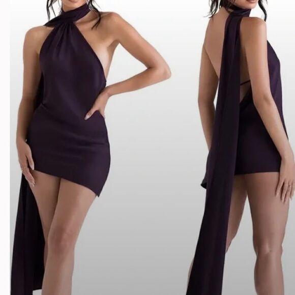 NEW House of CB purple satin draped open back mini dress size L+ - Picture 1 of 11
